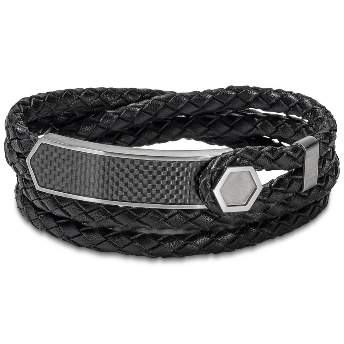 Double Wrap Braided Black Leather and Stainless Steel Bracelet - Medium