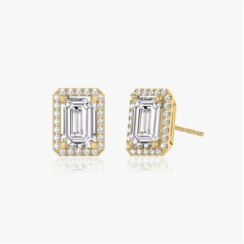 Emerald & Round Earrings in 14K Yellow Gold