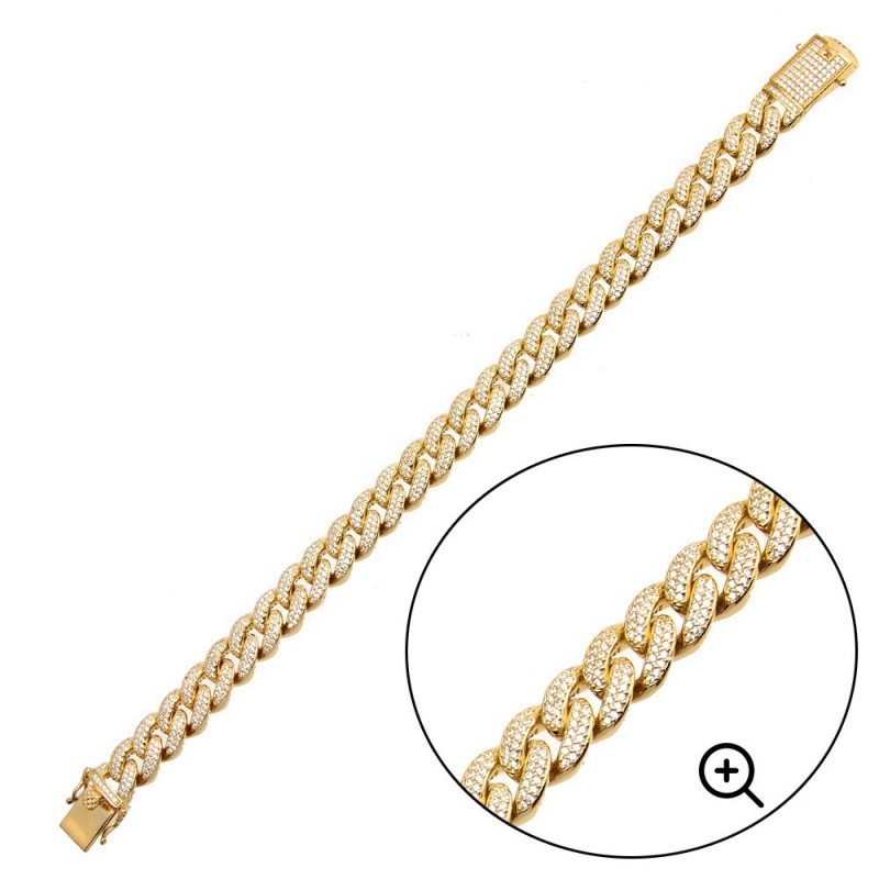 Mens Gold Plated CZ Encrusted Miami Cuban Link Bracelet - (Sterling Silver)