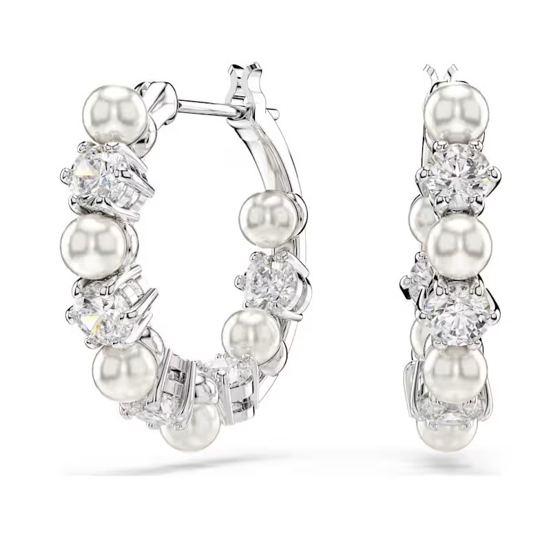 Matrix hoop earrings, Crystal pearl, Round cut, White, Rhodium plated