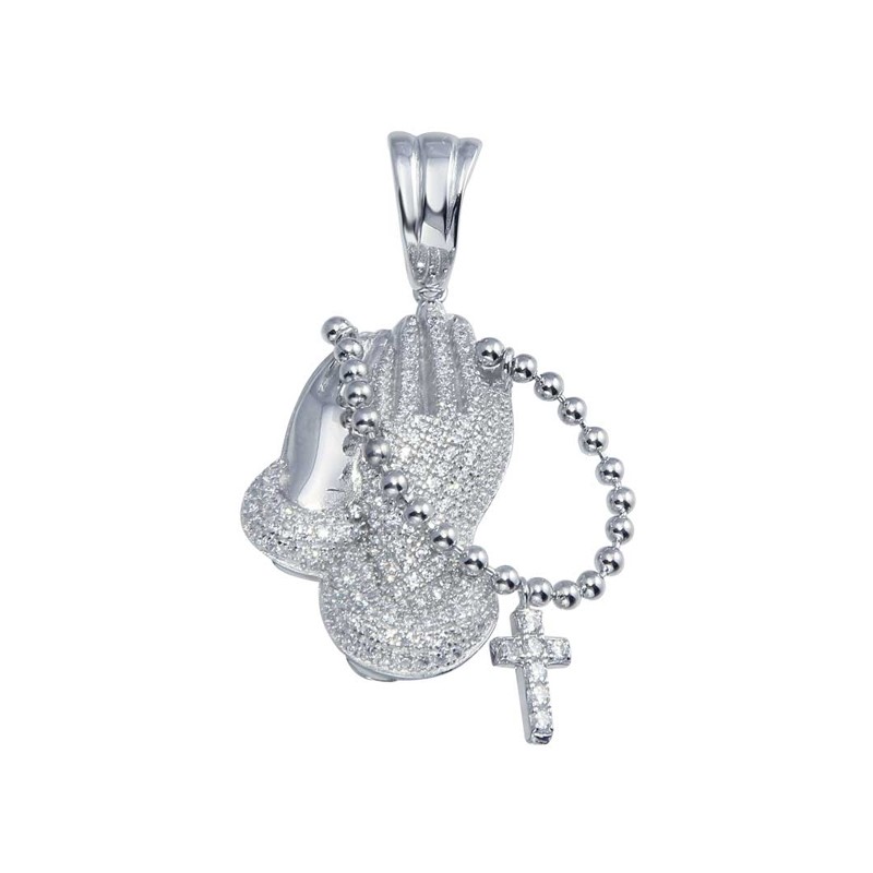 Mens Plated Prayer Hand with Rosary Pendant