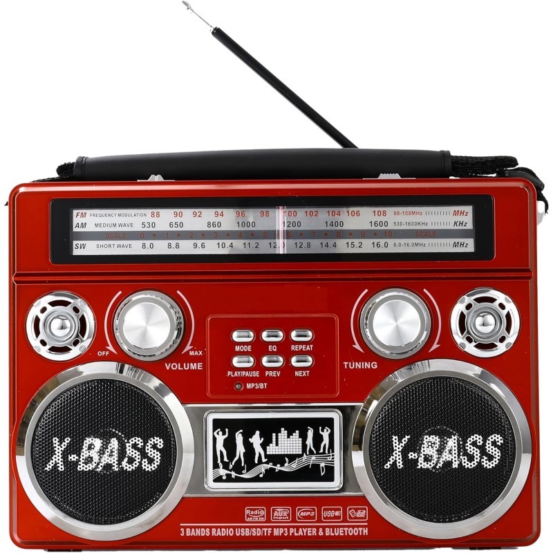 Portable 3 Band Radio with Bluetooth and Flashlight - (Red)