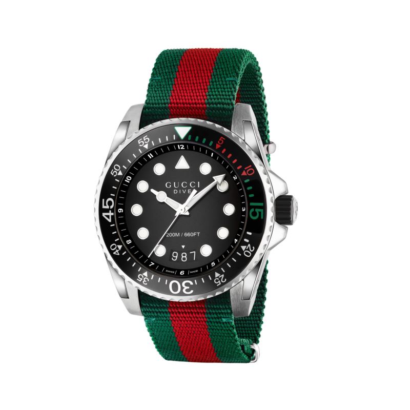 Mens Dive Black Dial Nylon Watch - (Green and Red)