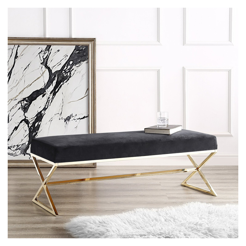 Aurora Velvet X-Leg Gold Base Bench - (Black)